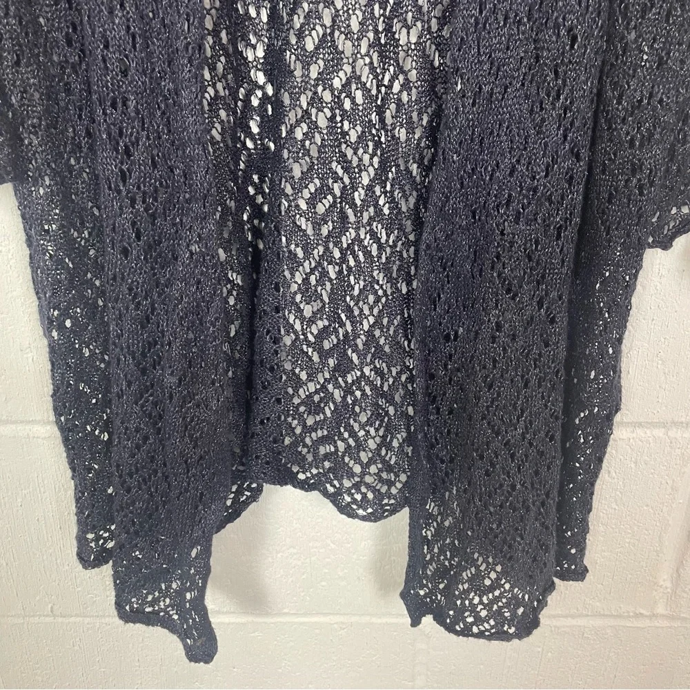 Eileen Fisher Open Front Crochet Cardigan‎ Linen Blend Blue Metallic Bohemian M - Picture 3 of 14